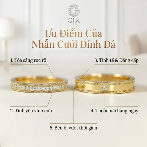 Có Nên Mua Nhẫn Cưới Đính Đá Hay Trơn: So Sánh Cho Cặp Đôi Sắp Cưới