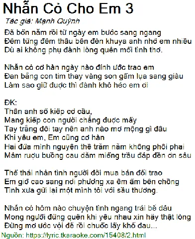 Nghe Và Tải Nhẫn Cỏ Cho Em 3 Mạnh Quỳnh: Lời Bài Hát, Hợp Âm Và Album